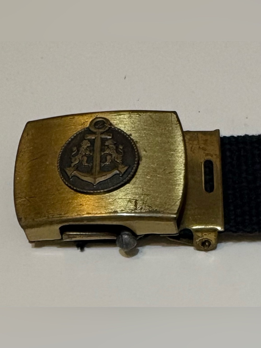 Vintage US Navy WW II Solid Brass Belt Buckle & Original Black Belt, Merit Brand